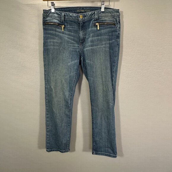 Michael Kors Jeans Women 12 Medium Wash Cotton Stretch Zip Pockets Straight Crop - Picture 1 of 11